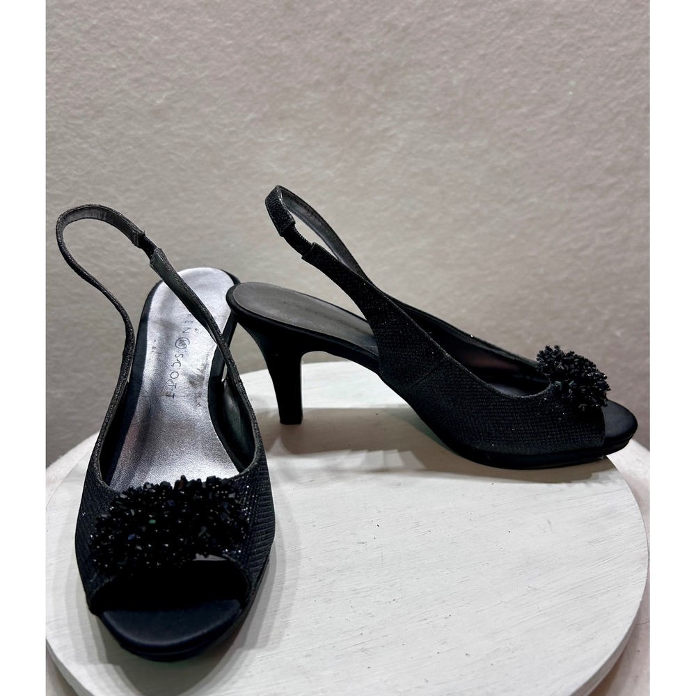 Karen Scott Breena Black Shimmer Beaded Slingback Peep Toe Heels Women's 7.5